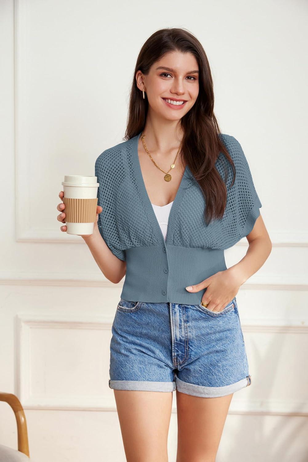 imageGRACE KARIN 2026 Women Short Sleeve Crochet Cardigan Summer Draped VNeck Bolero Shrug Sweater Hollow Out Beach Cover UpGrey Blue