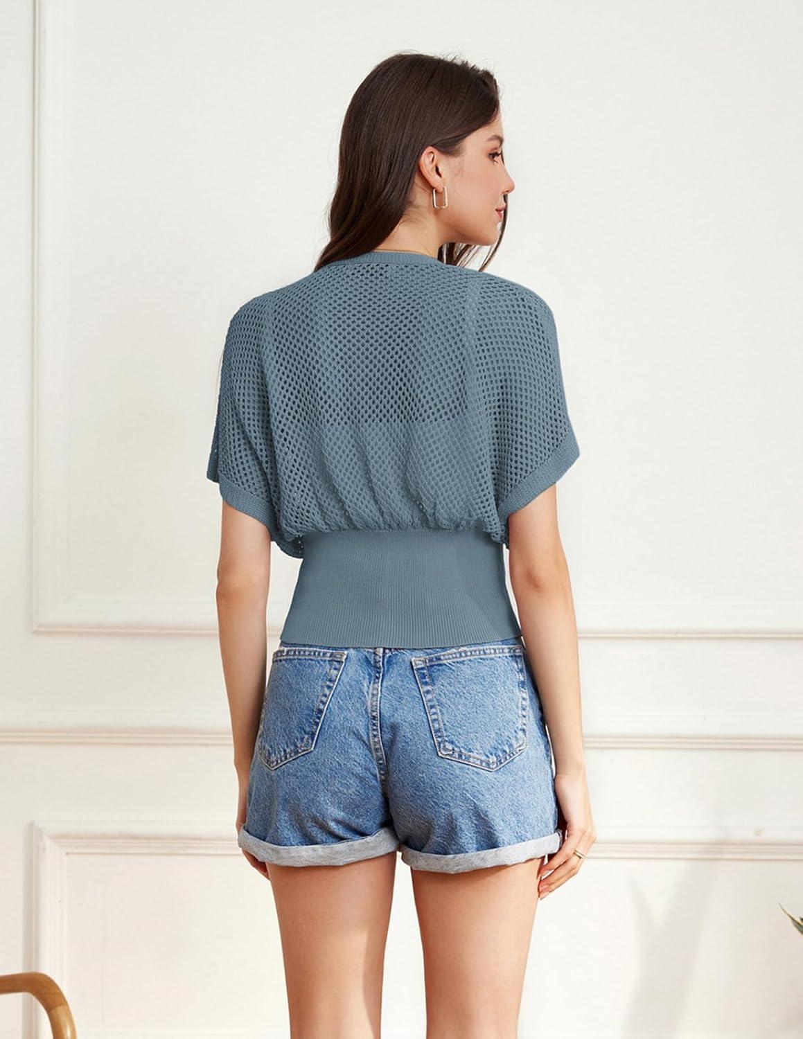 imageGRACE KARIN 2026 Women Short Sleeve Crochet Cardigan Summer Draped VNeck Bolero Shrug Sweater Hollow Out Beach Cover UpGrey Blue