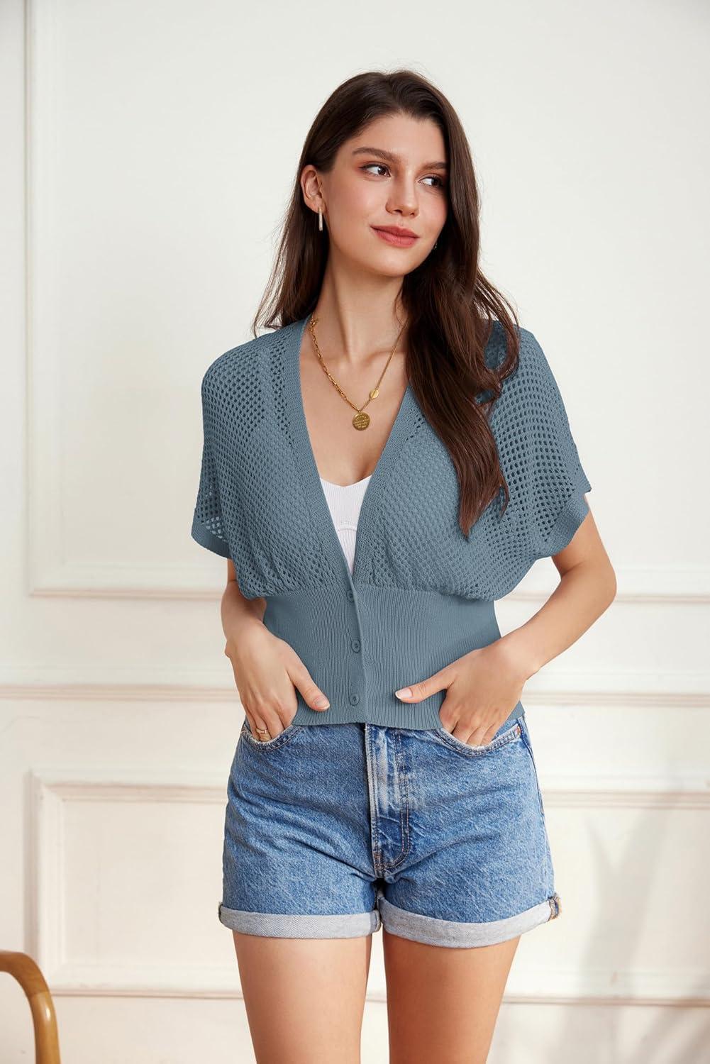 imageGRACE KARIN 2026 Women Short Sleeve Crochet Cardigan Summer Draped VNeck Bolero Shrug Sweater Hollow Out Beach Cover UpGrey Blue