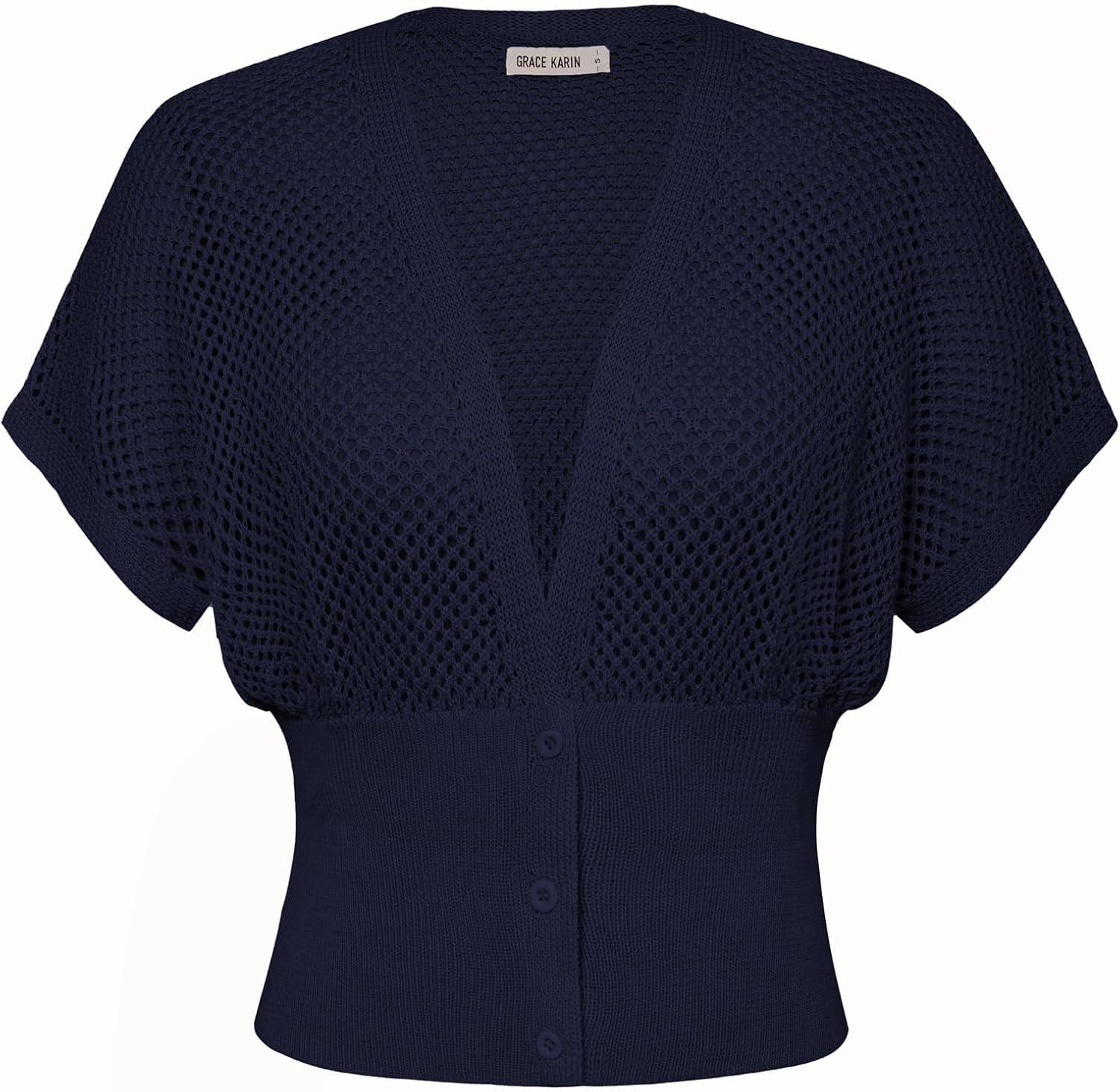 imageGRACE KARIN 2026 Women Short Sleeve Crochet Cardigan Summer Draped VNeck Bolero Shrug Sweater Hollow Out Beach Cover UpNavy Blue