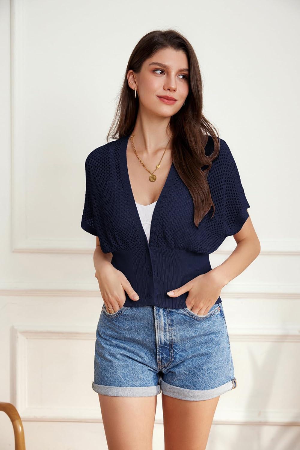 imageGRACE KARIN 2026 Women Short Sleeve Crochet Cardigan Summer Draped VNeck Bolero Shrug Sweater Hollow Out Beach Cover UpNavy Blue