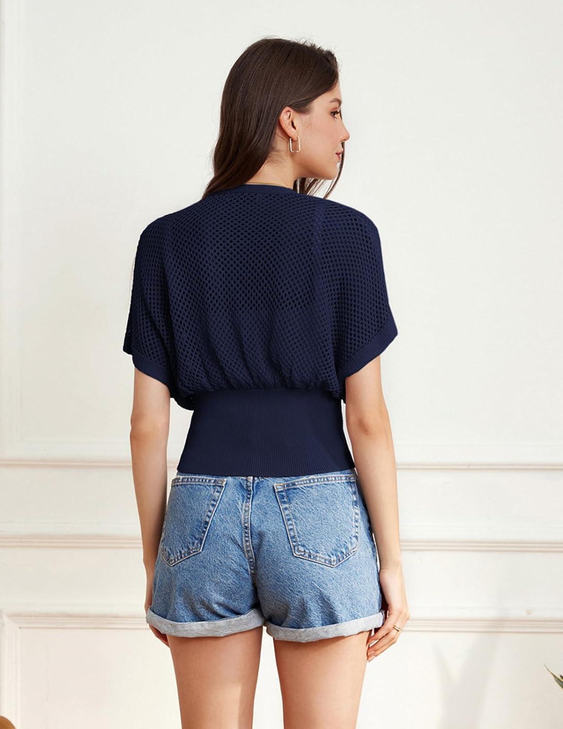 imageGRACE KARIN 2026 Women Short Sleeve Crochet Cardigan Summer Draped VNeck Bolero Shrug Sweater Hollow Out Beach Cover UpNavy Blue