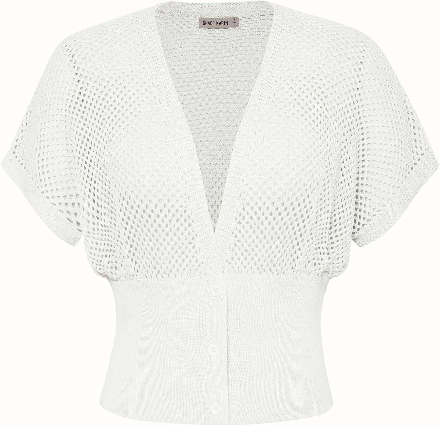 imageGRACE KARIN 2026 Women Short Sleeve Crochet Cardigan Summer Draped VNeck Bolero Shrug Sweater Hollow Out Beach Cover UpWhite