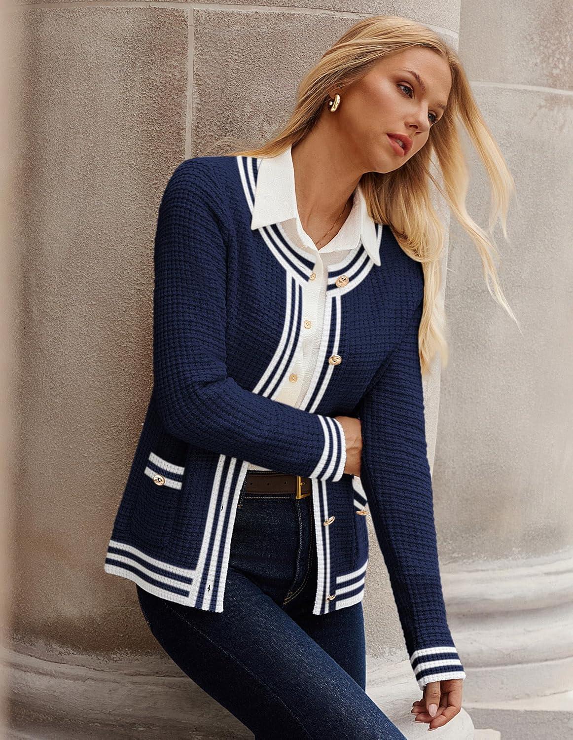 imageGRACE KARIN Cardigan Sweaters for Women Lightweight Long Sleeve Button up Sweater 2025 Color Block Jacket with PocketsNavy Blue