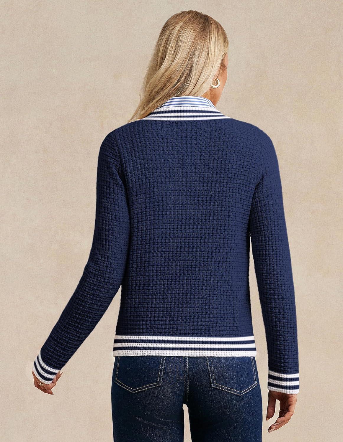 imageGRACE KARIN Cardigan Sweaters for Women Lightweight Long Sleeve Button up Sweater 2025 Color Block Jacket with PocketsNavy Blue
