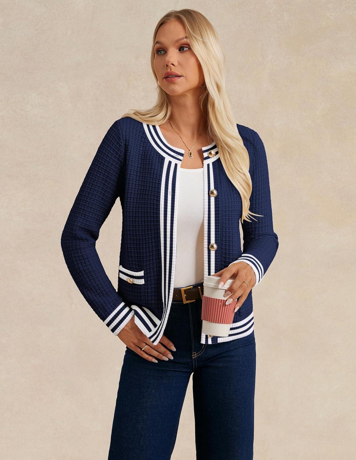 imageGRACE KARIN Cardigan Sweaters for Women Lightweight Long Sleeve Button up Sweater 2025 Color Block Jacket with PocketsNavy Blue