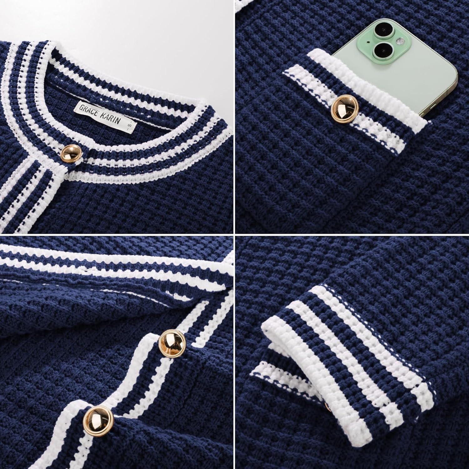 imageGRACE KARIN Cardigan Sweaters for Women Lightweight Long Sleeve Button up Sweater 2025 Color Block Jacket with PocketsNavy Blue