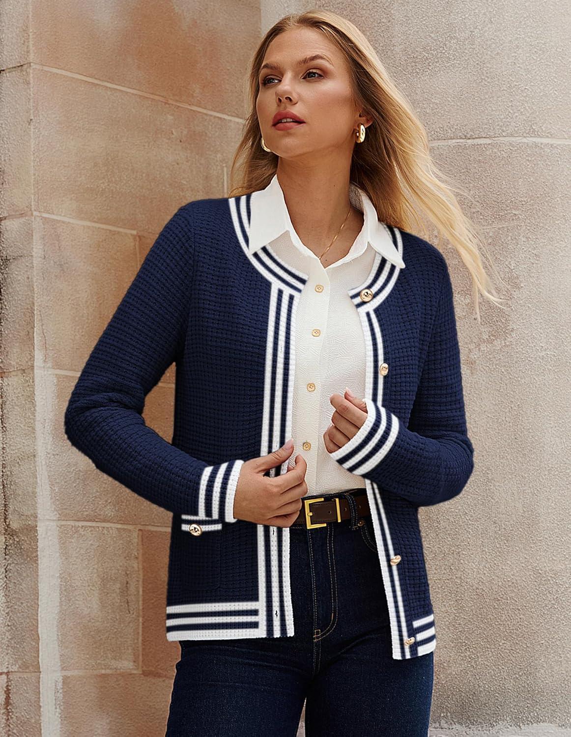 imageGRACE KARIN Cardigan Sweaters for Women Lightweight Long Sleeve Button up Sweater 2025 Color Block Jacket with PocketsNavy Blue