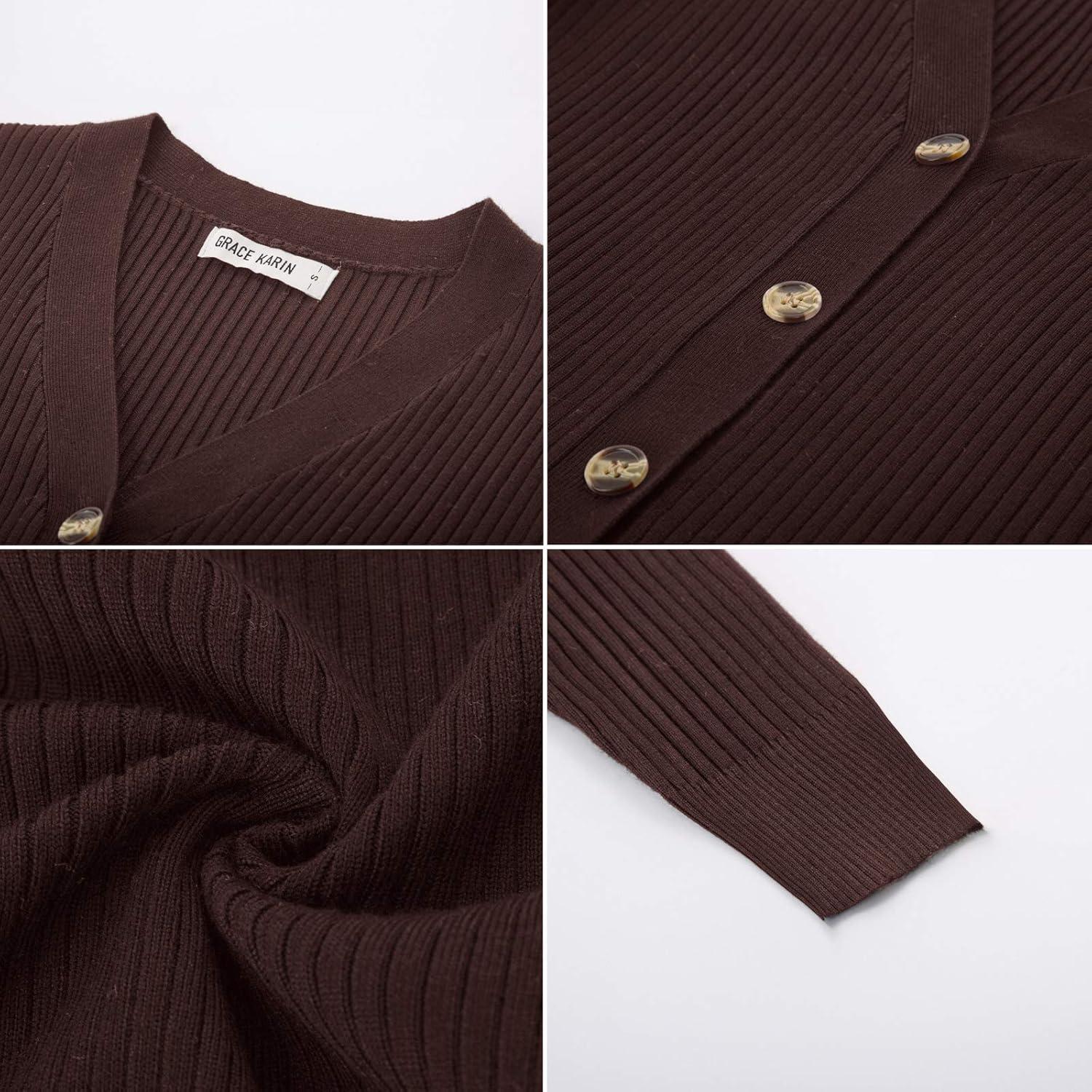 imageGRACE KARIN Cardigan for Women Long Sleeve V Neck Button Up Sweater Lightweight Knit Fitted Cardigan CasualCoffee