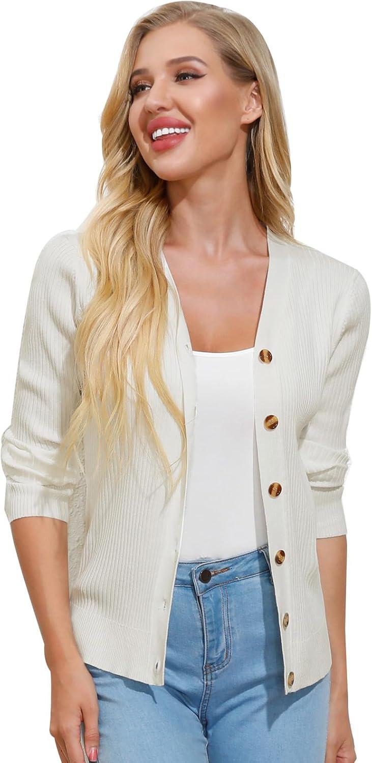 imageGRACE KARIN Cardigan for Women Long Sleeve V Neck Button Up Sweater Lightweight Knit Fitted Cardigan CasualIvory