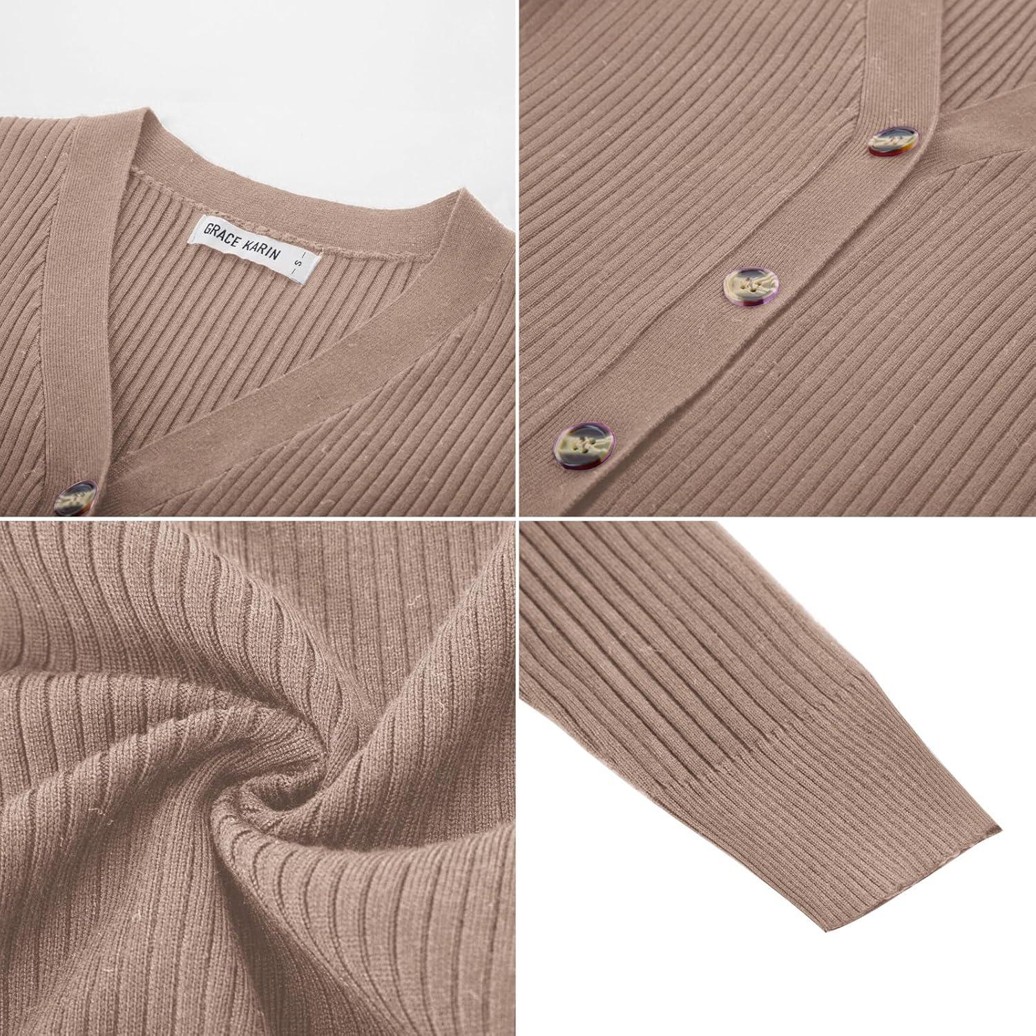 imageGRACE KARIN Cardigan for Women Long Sleeve V Neck Button Up Sweater Lightweight Knit Fitted Cardigan CasualKhaki