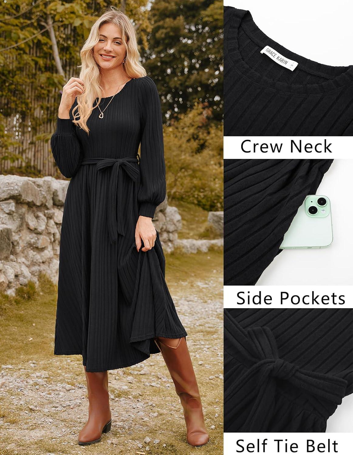 imageGRACE KARIN Casual Long Sleeve Dress 2025 A Line Fall Sweater Dresses Ribbed Crew Neck Midi Dress with PocketBlack