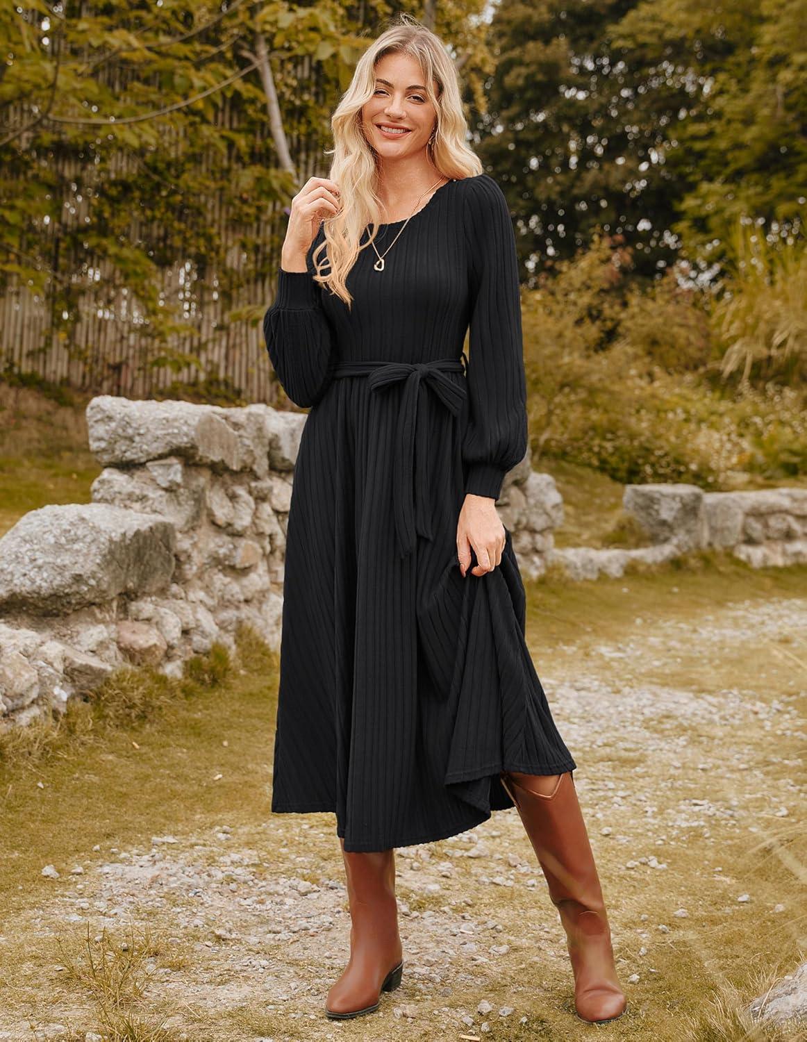 imageGRACE KARIN Casual Long Sleeve Dress 2025 A Line Fall Sweater Dresses Ribbed Crew Neck Midi Dress with PocketBlack