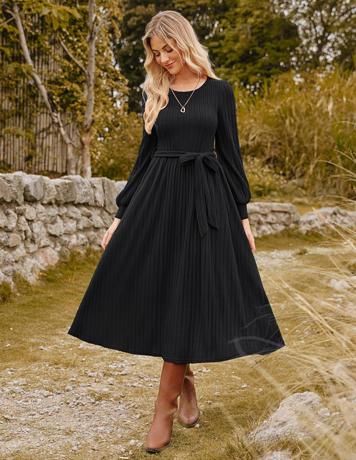 imageGRACE KARIN Casual Long Sleeve Dress 2025 A Line Fall Sweater Dresses Ribbed Crew Neck Midi Dress with PocketBlack