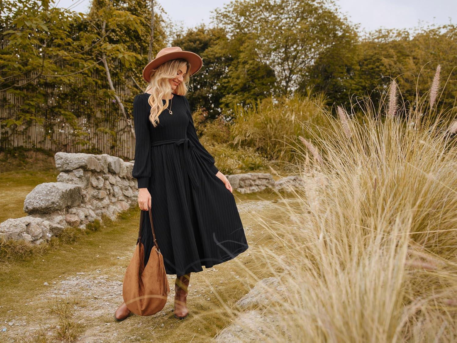 imageGRACE KARIN Casual Long Sleeve Dress 2025 A Line Fall Sweater Dresses Ribbed Crew Neck Midi Dress with PocketBlack