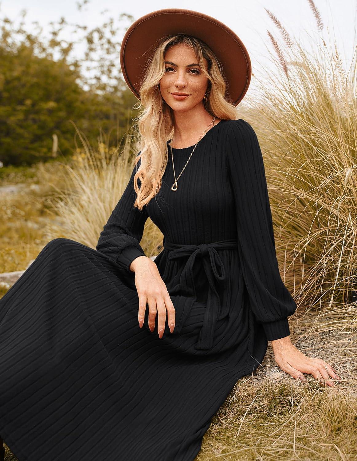 imageGRACE KARIN Casual Long Sleeve Dress 2025 A Line Fall Sweater Dresses Ribbed Crew Neck Midi Dress with PocketBlack
