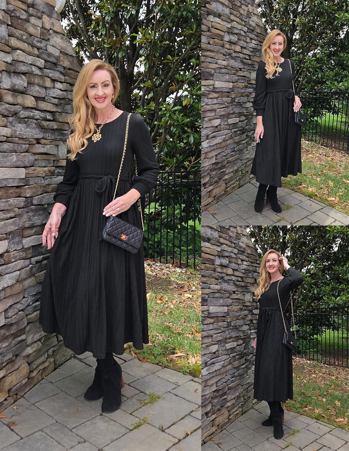 imageGRACE KARIN Casual Long Sleeve Dress 2025 A Line Fall Sweater Dresses Ribbed Crew Neck Midi Dress with PocketBlack