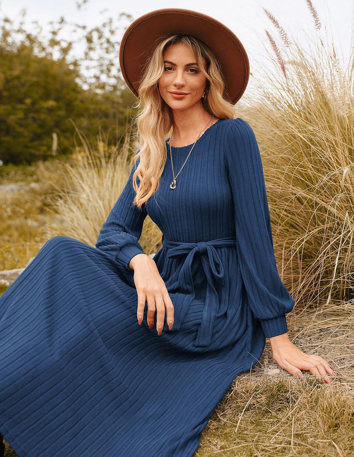 imageGRACE KARIN Casual Long Sleeve Dress 2025 A Line Fall Sweater Dresses Ribbed Crew Neck Midi Dress with PocketBlue