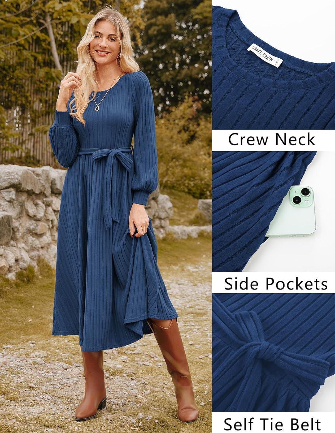 imageGRACE KARIN Casual Long Sleeve Dress 2025 A Line Fall Sweater Dresses Ribbed Crew Neck Midi Dress with PocketBlue