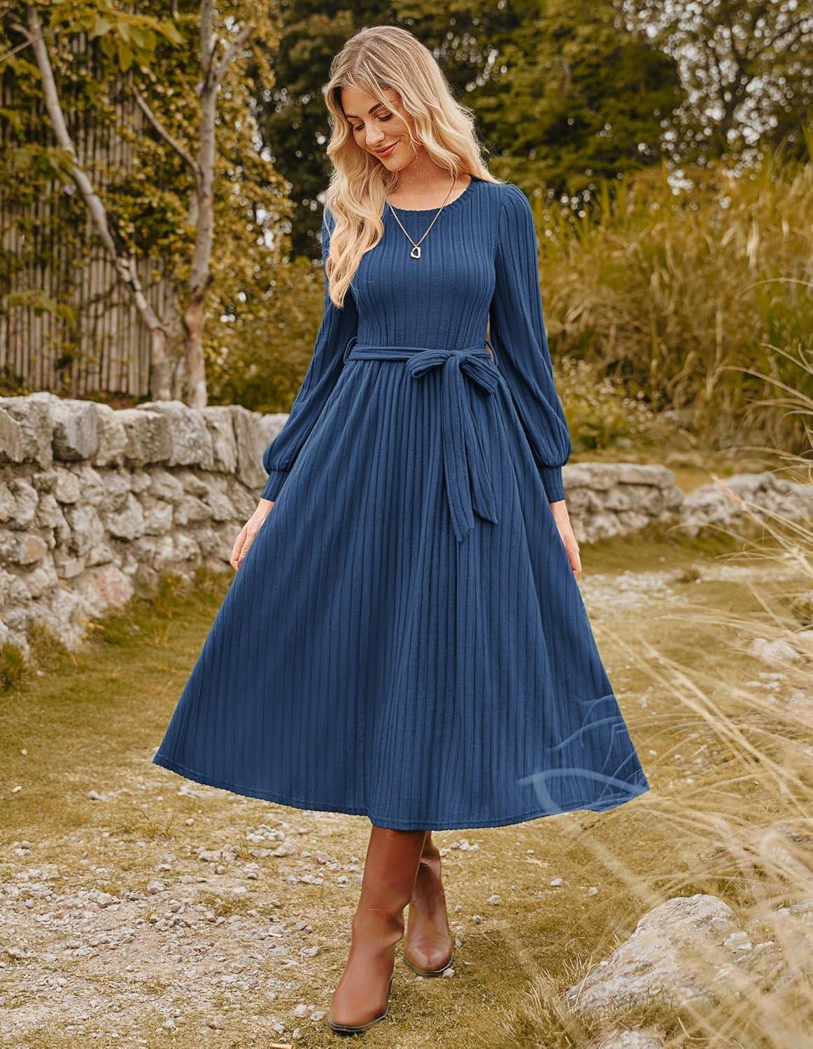 imageGRACE KARIN Casual Long Sleeve Dress 2025 A Line Fall Sweater Dresses Ribbed Crew Neck Midi Dress with PocketBlue