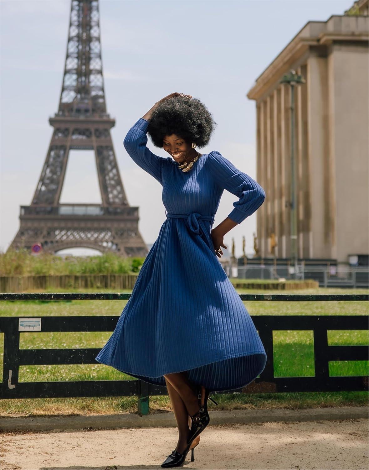 imageGRACE KARIN Casual Long Sleeve Dress 2025 A Line Fall Sweater Dresses Ribbed Crew Neck Midi Dress with PocketBlue
