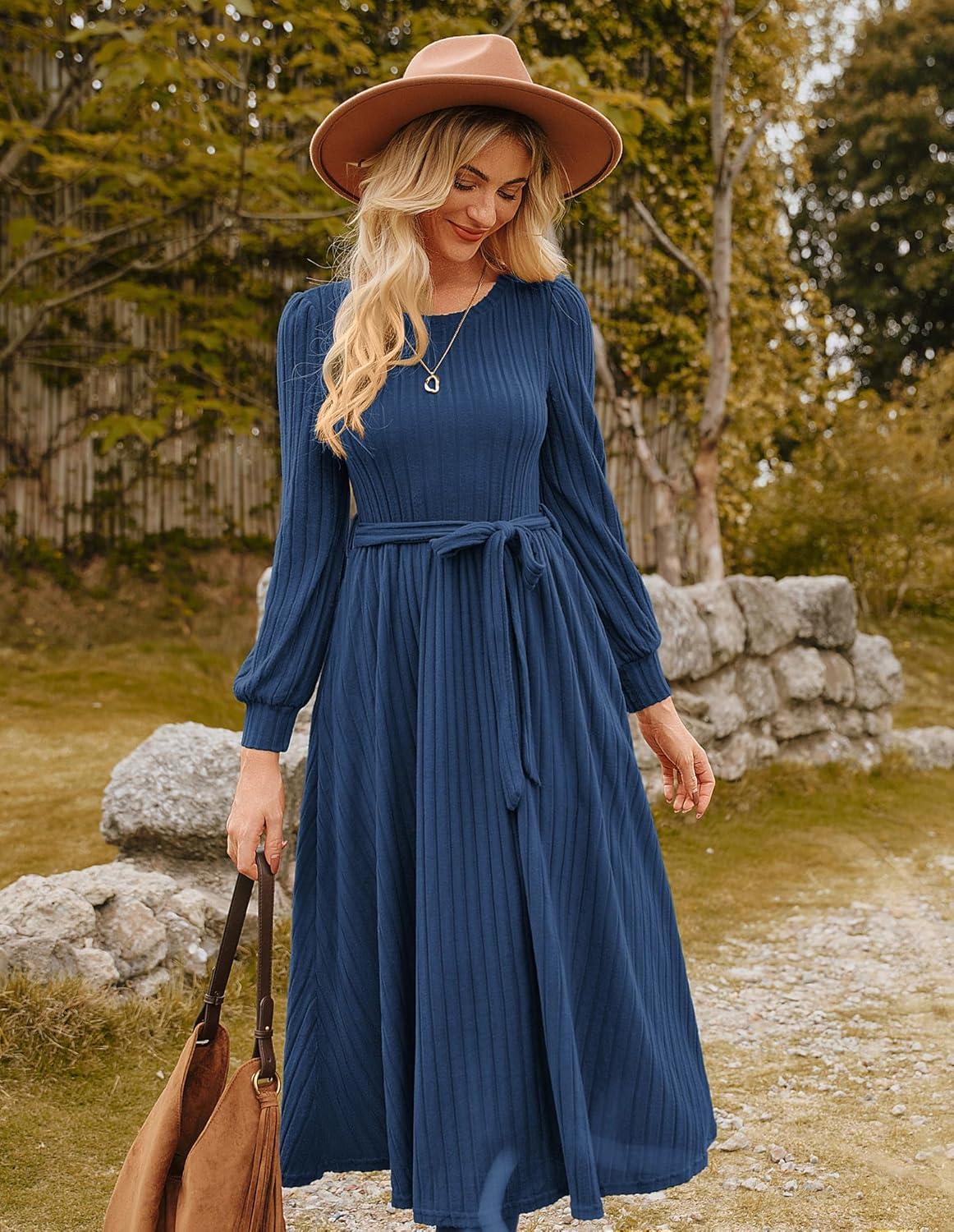 imageGRACE KARIN Casual Long Sleeve Dress 2025 A Line Fall Sweater Dresses Ribbed Crew Neck Midi Dress with PocketBlue