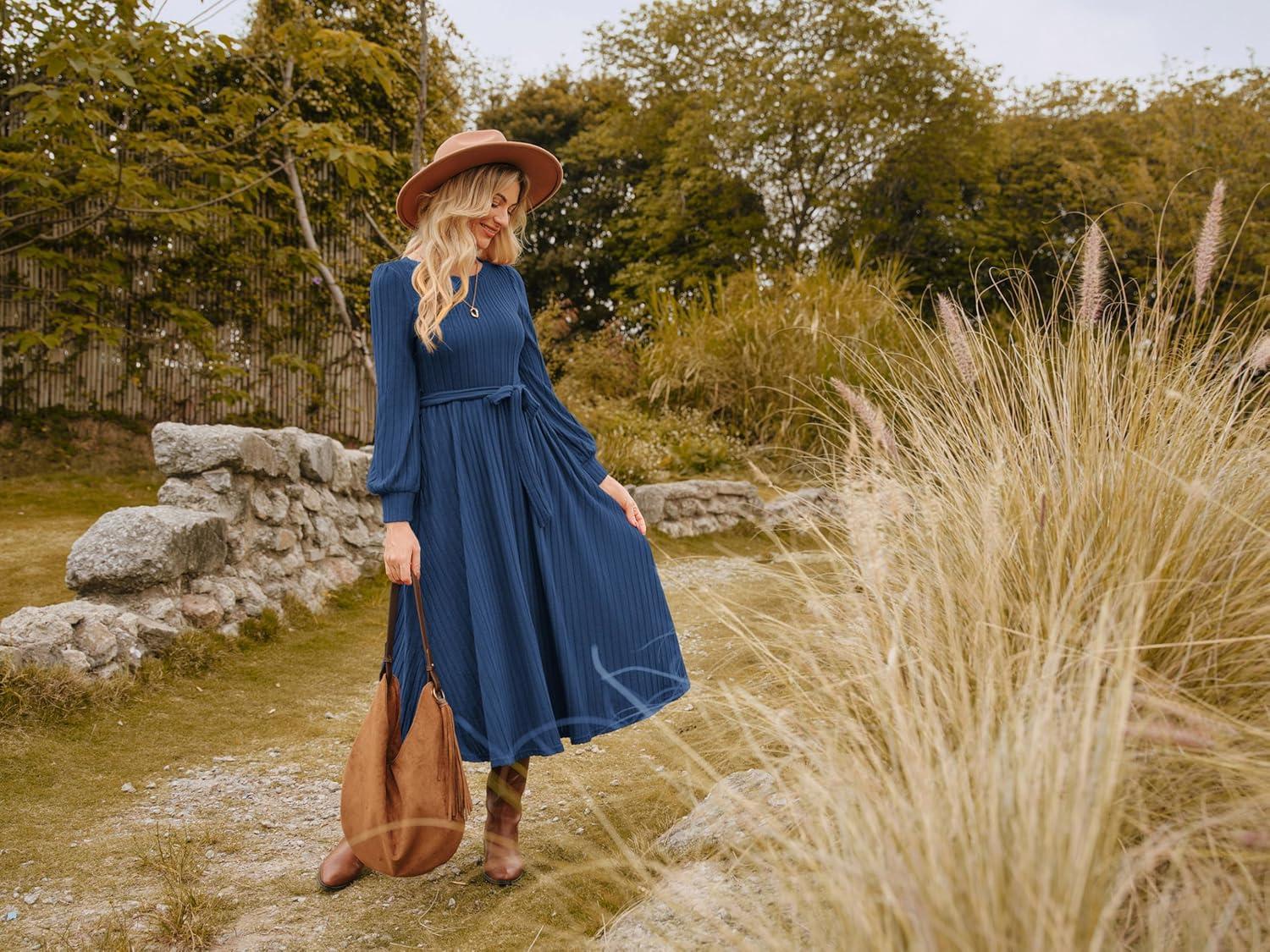 imageGRACE KARIN Casual Long Sleeve Dress 2025 A Line Fall Sweater Dresses Ribbed Crew Neck Midi Dress with PocketBlue