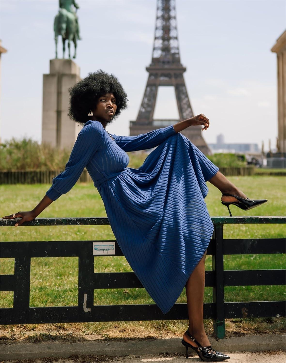 imageGRACE KARIN Casual Long Sleeve Dress 2025 A Line Fall Sweater Dresses Ribbed Crew Neck Midi Dress with PocketBlue