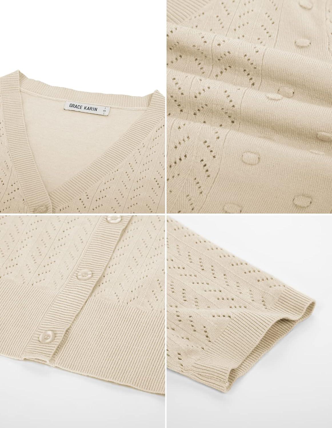 imageGRACE KARIN Cropped Cardigan Sweaters for Women Short Sleeve Crochet Knit Bolero Shrug VNeck Button up TopsApricot