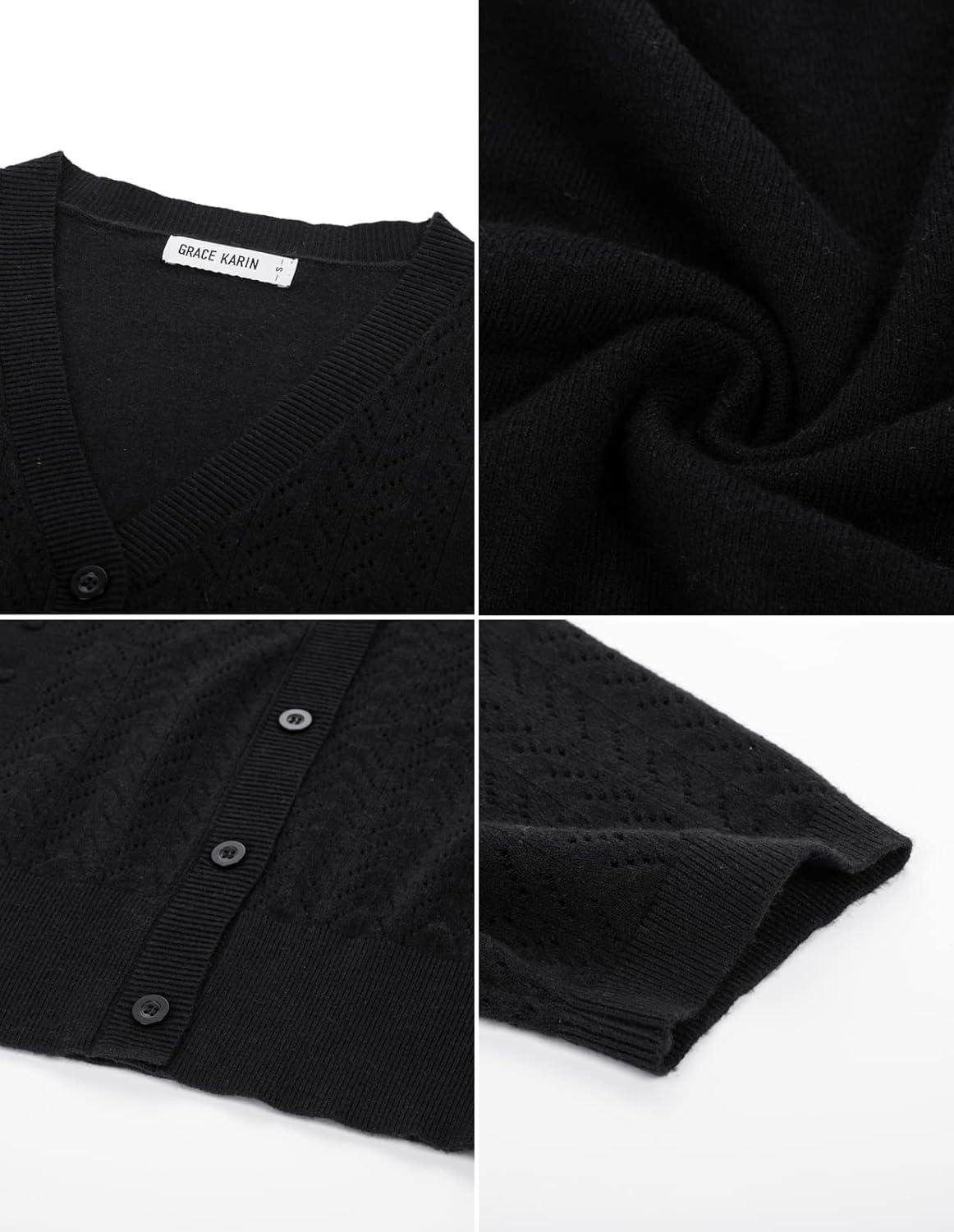 imageGRACE KARIN Cropped Cardigan Sweaters for Women Short Sleeve Crochet Knit Bolero Shrug VNeck Button up TopsBlack