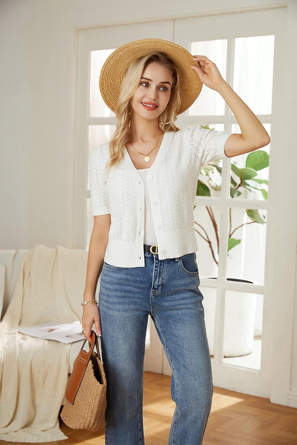 imageGRACE KARIN Cropped Cardigan Sweaters for Women Short Sleeve Crochet Knit Bolero Shrug VNeck Button up TopsIvory