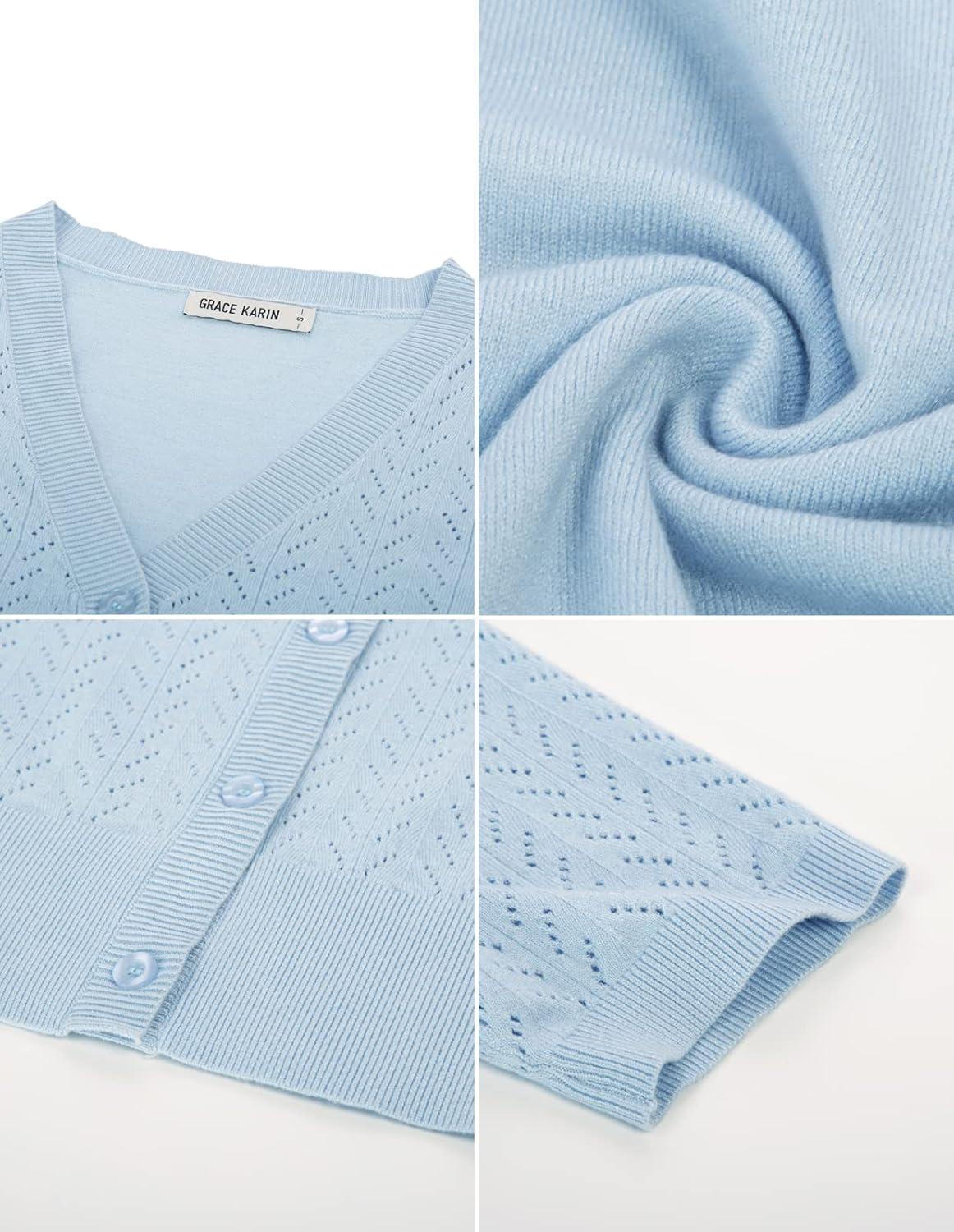 imageGRACE KARIN Cropped Cardigan Sweaters for Women Short Sleeve Crochet Knit Bolero Shrug VNeck Button up TopsLight Blue