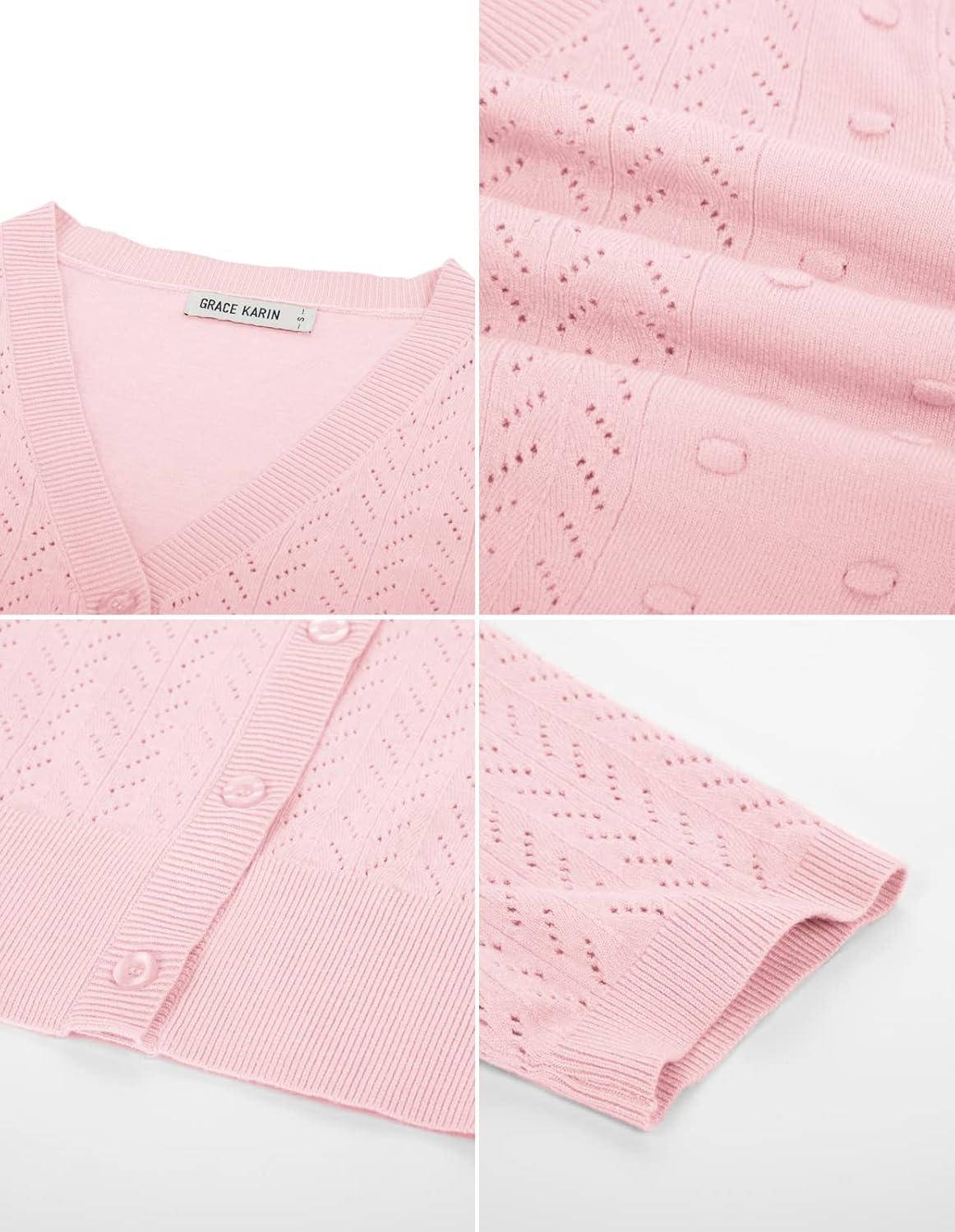 imageGRACE KARIN Cropped Cardigan Sweaters for Women Short Sleeve Crochet Knit Bolero Shrug VNeck Button up TopsLight Pink