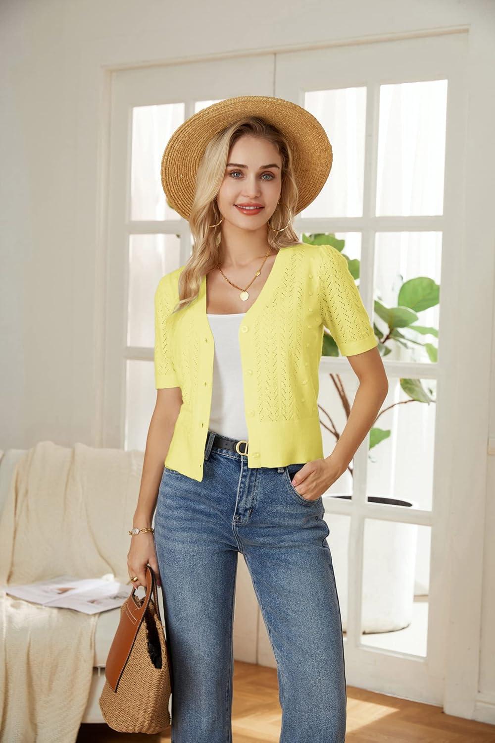 imageGRACE KARIN Cropped Cardigan Sweaters for Women Short Sleeve Crochet Knit Bolero Shrug VNeck Button up TopsLight Yellow