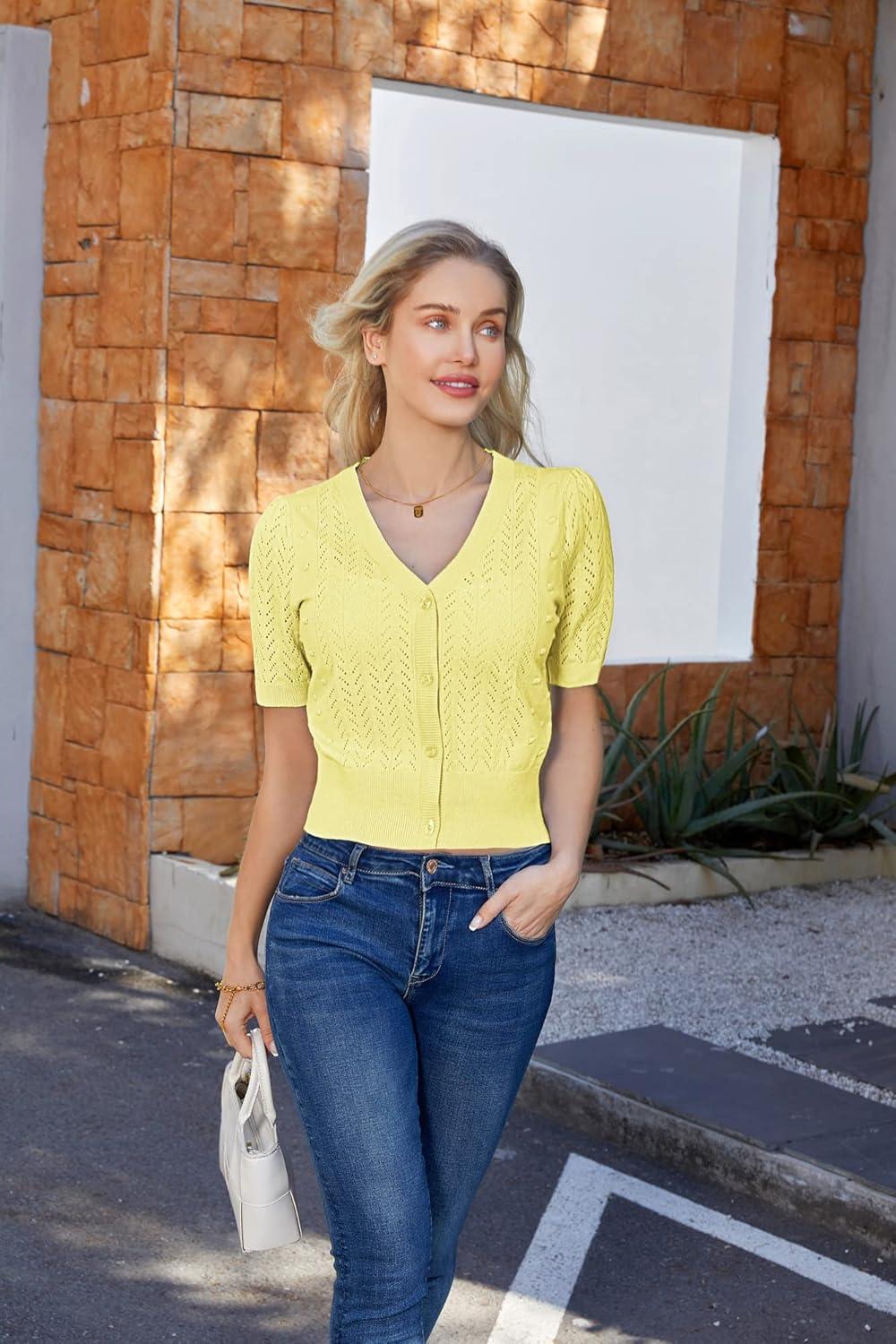 imageGRACE KARIN Cropped Cardigan Sweaters for Women Short Sleeve Crochet Knit Bolero Shrug VNeck Button up TopsLight Yellow