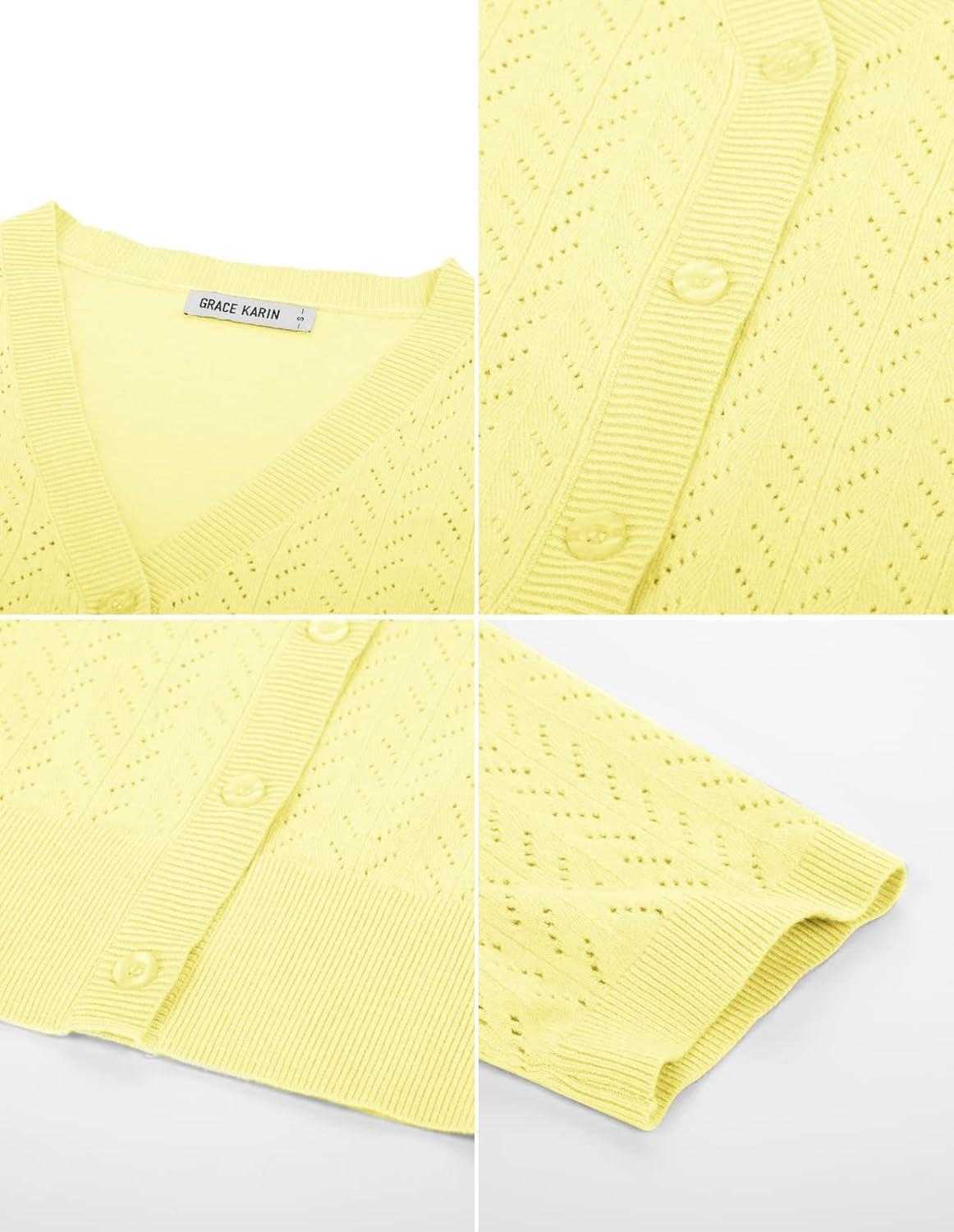 imageGRACE KARIN Cropped Cardigan Sweaters for Women Short Sleeve Crochet Knit Bolero Shrug VNeck Button up TopsLight Yellow