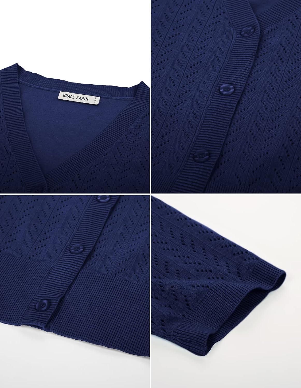 imageGRACE KARIN Cropped Cardigan Sweaters for Women Short Sleeve Crochet Knit Bolero Shrug VNeck Button up TopsNavy Blue
