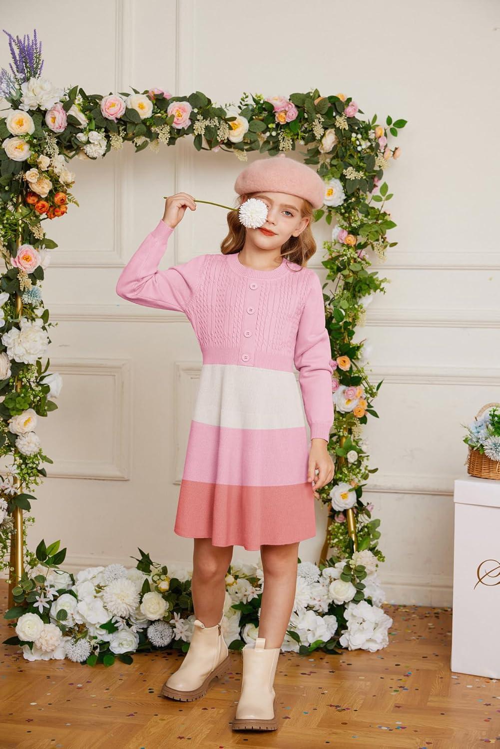 imageGRACE KARIN Girl Dress Long Sleeve Sweater Ruffle Button Front Knit Casual Fall Winter Dresses for Girls 512Color Blockpink