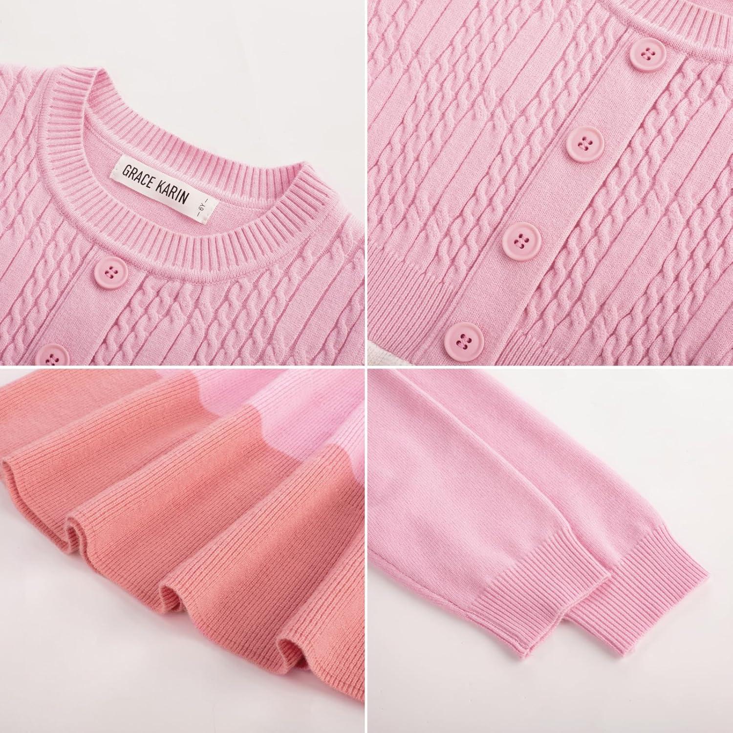 imageGRACE KARIN Girl Dress Long Sleeve Sweater Ruffle Button Front Knit Casual Fall Winter Dresses for Girls 512Color Blockpink