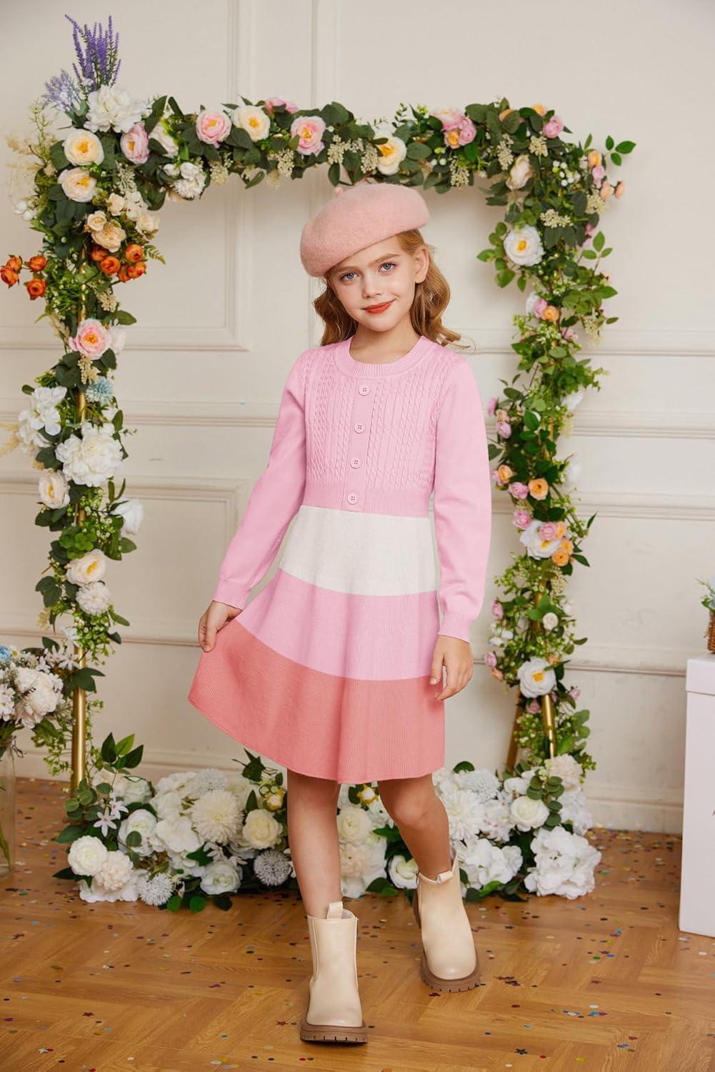 imageGRACE KARIN Girl Dress Long Sleeve Sweater Ruffle Button Front Knit Casual Fall Winter Dresses for Girls 512Color Blockpink