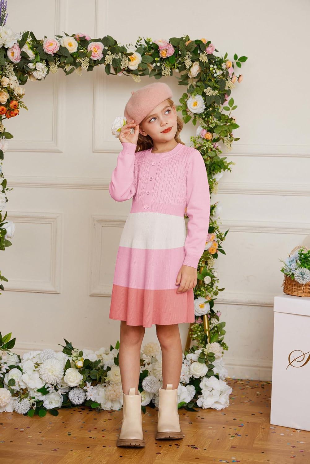 imageGRACE KARIN Girl Dress Long Sleeve Sweater Ruffle Button Front Knit Casual Fall Winter Dresses for Girls 512Color Blockpink