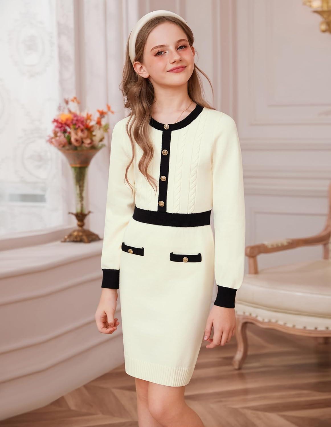 imageGRACE KARIN Girls Fall Long Sleeve Dresses Girl Bodycon Sweater Dress Winter Holiday Dress for Kids Size 614Beige