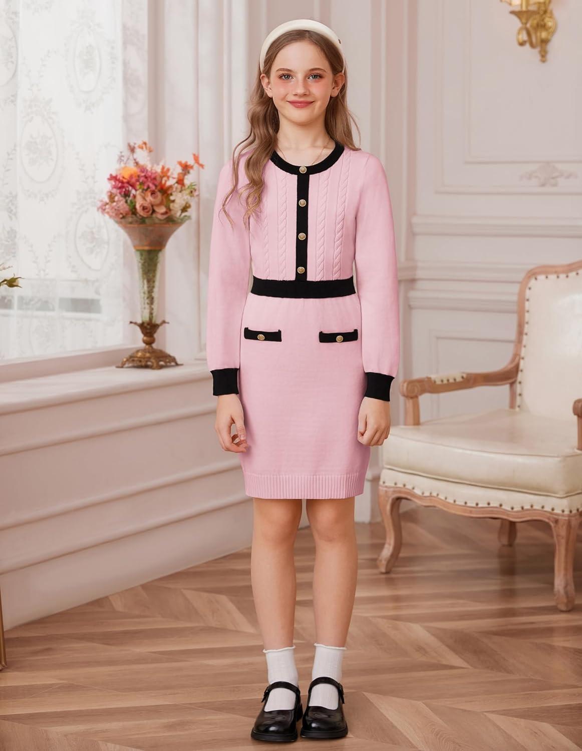 imageGRACE KARIN Girls Fall Long Sleeve Dresses Girl Bodycon Sweater Dress Winter Holiday Dress for Kids Size 614Light Pink