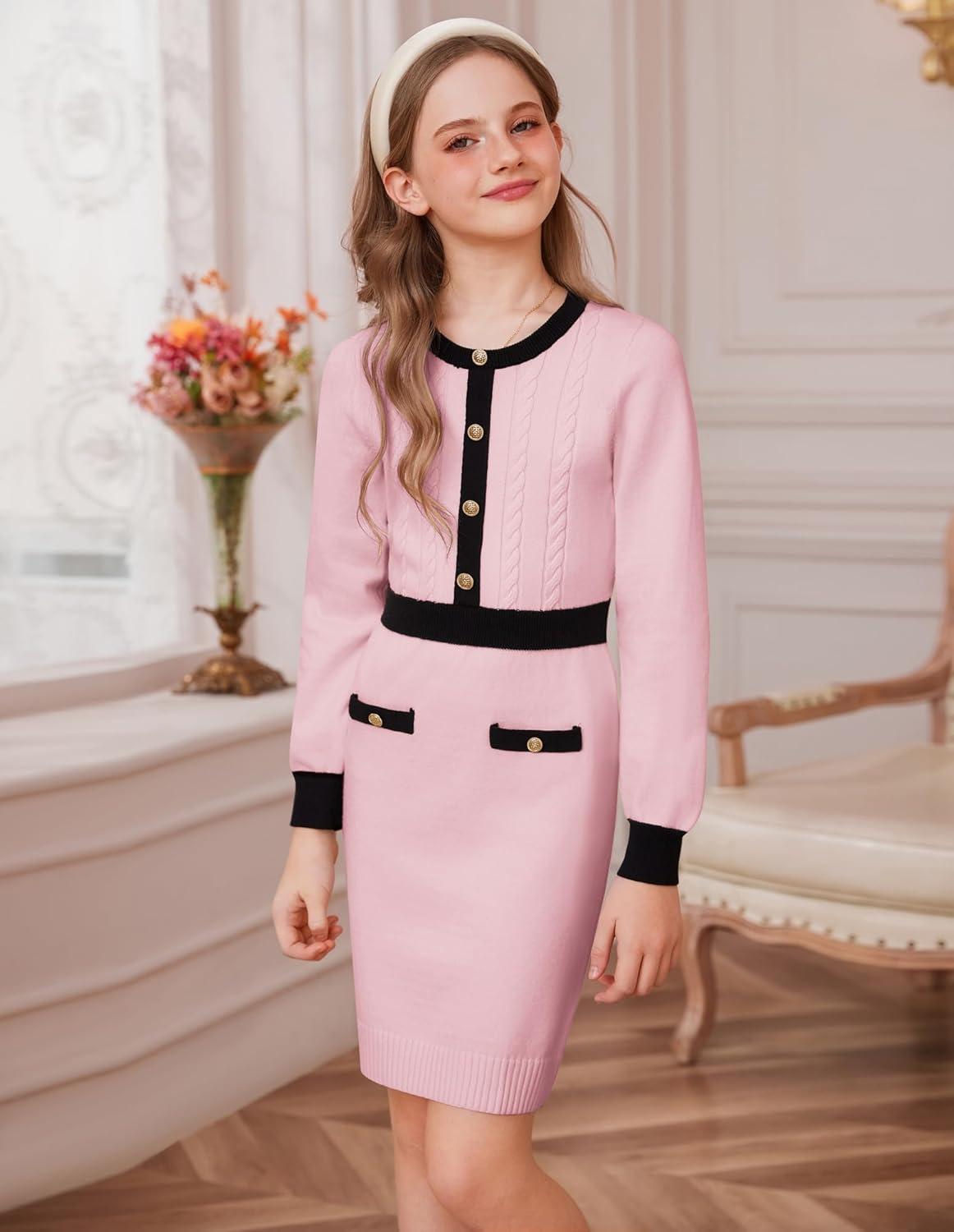 imageGRACE KARIN Girls Fall Long Sleeve Dresses Girl Bodycon Sweater Dress Winter Holiday Dress for Kids Size 614Light Pink