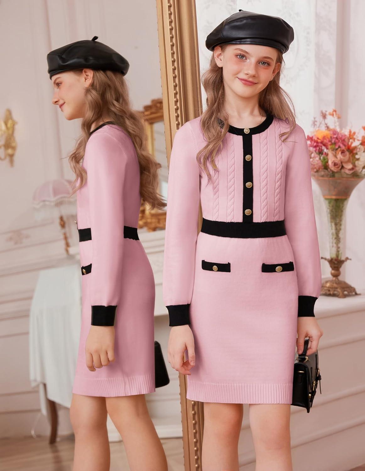 imageGRACE KARIN Girls Fall Long Sleeve Dresses Girl Bodycon Sweater Dress Winter Holiday Dress for Kids Size 614Light Pink