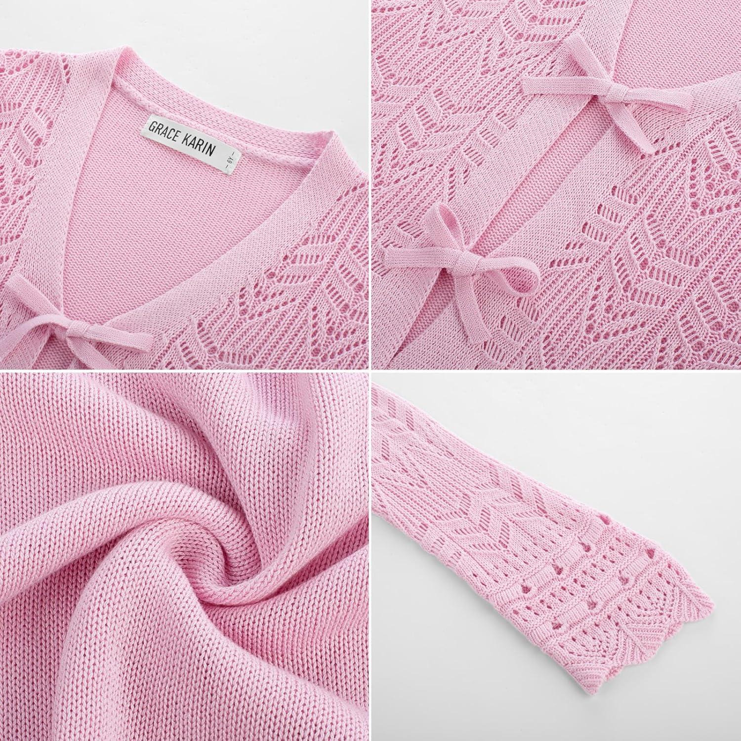 imageGRACE KARIN Girls Long Sleeve Cardigan Sweater Tie Front Bow V Neck Crochet Knit Lightweight Shrug 512 YearsPink