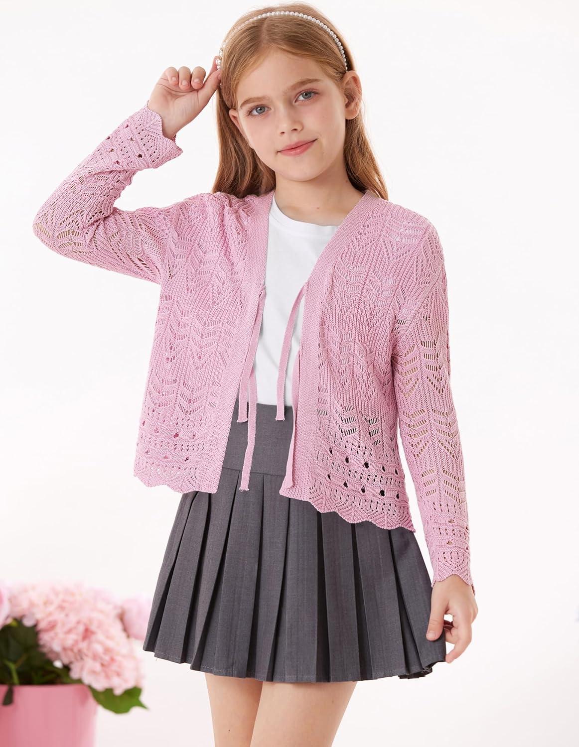 imageGRACE KARIN Girls Long Sleeve Cardigan Sweater Tie Front Bow V Neck Crochet Knit Lightweight Shrug 512 YearsPink