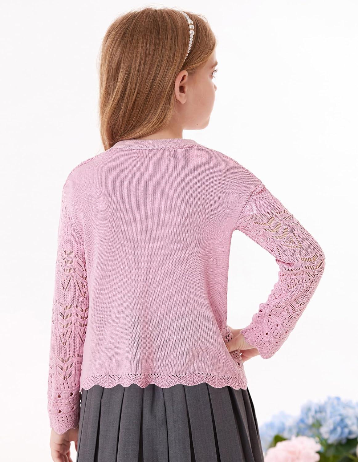 imageGRACE KARIN Girls Long Sleeve Cardigan Sweater Tie Front Bow V Neck Crochet Knit Lightweight Shrug 512 YearsPink