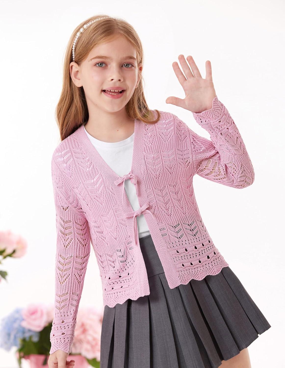imageGRACE KARIN Girls Long Sleeve Cardigan Sweater Tie Front Bow V Neck Crochet Knit Lightweight Shrug 512 YearsPink