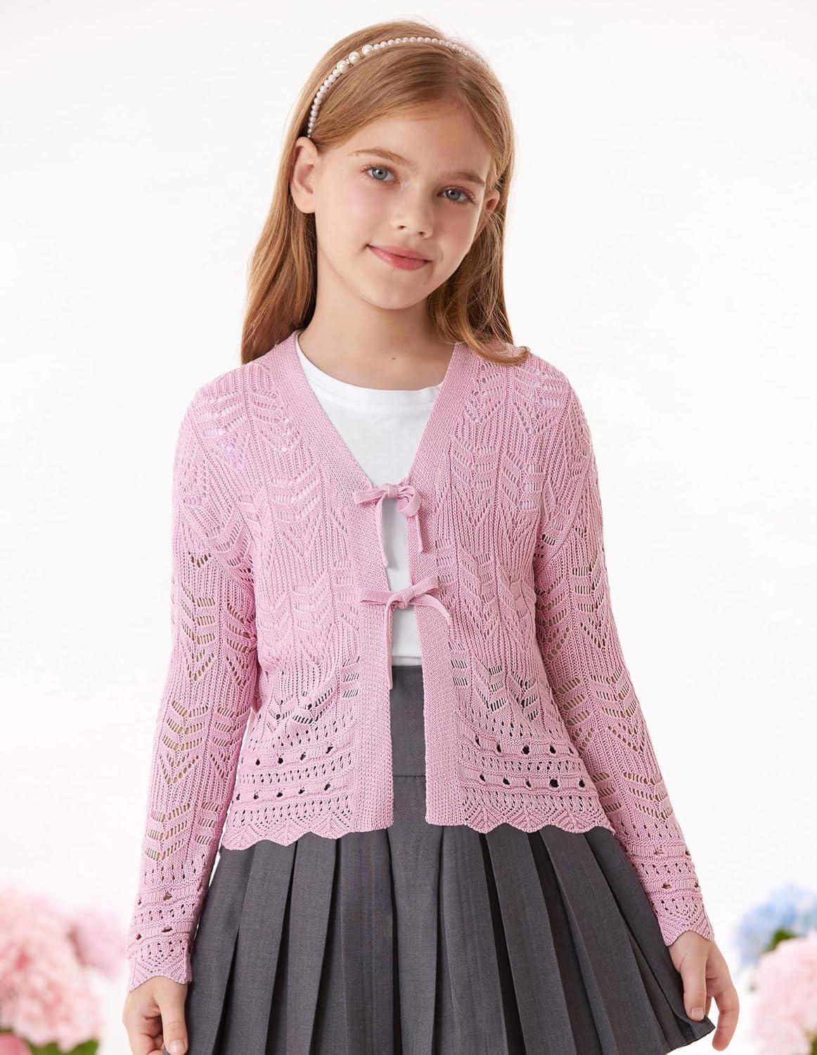 imageGRACE KARIN Girls Long Sleeve Cardigan Sweater Tie Front Bow V Neck Crochet Knit Lightweight Shrug 512 YearsPink